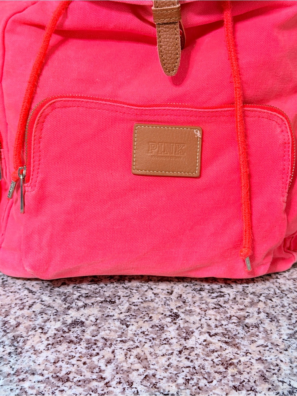 PINK Victoria's Secret Neon Pink Canvas Drawstring Backpack with Buckle Accent - Picture 2 of 11